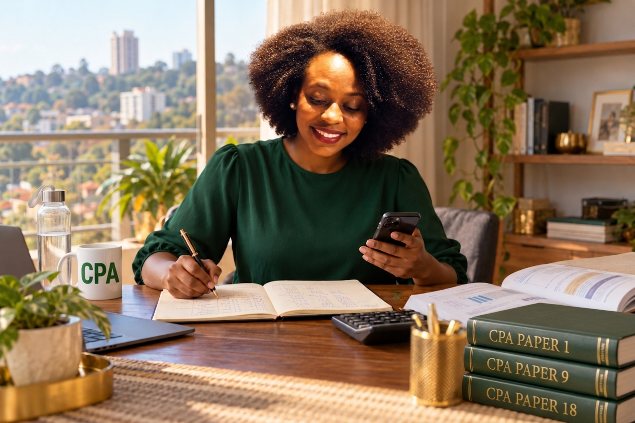 A CPA student revising at her desk with a CPA mug, her phone and CPA Paper 1, 9 and 18 textbooks